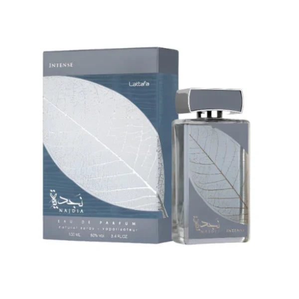 Najdia Intense 3.4oz EDP by Lattafa perfume bottle with elegant packaging, showcasing the luxurious fragrance design