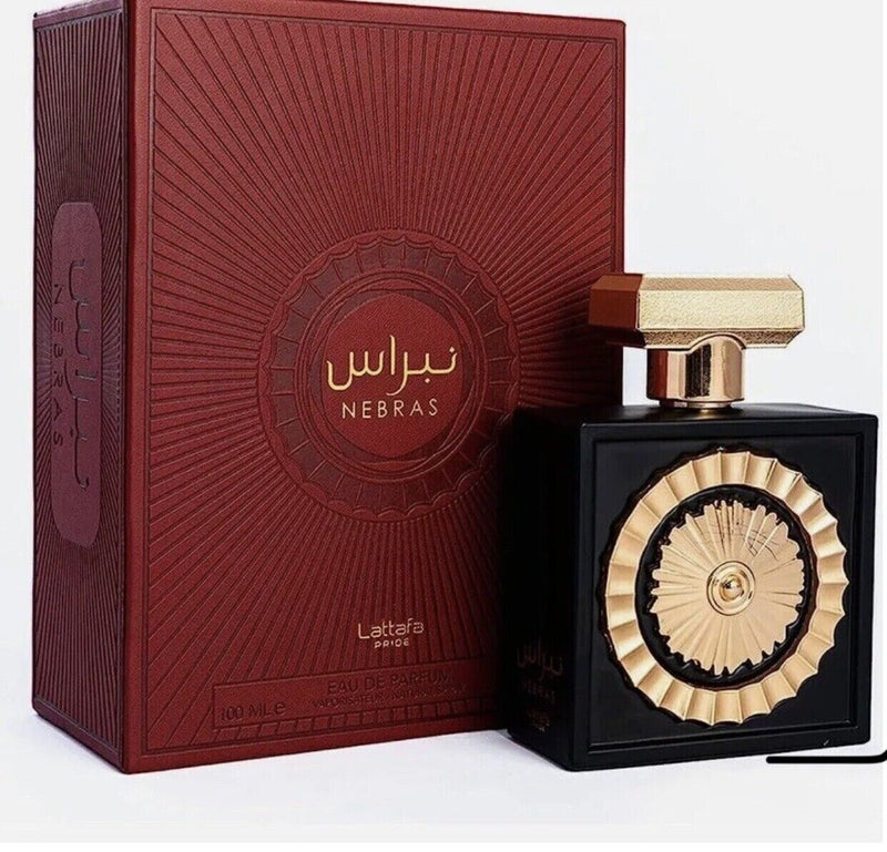 Nebras Lattafa perfume bottle, 3.4oz EDP, floral and oriental fragrance by Lattafa, in a sleek glass bottle.