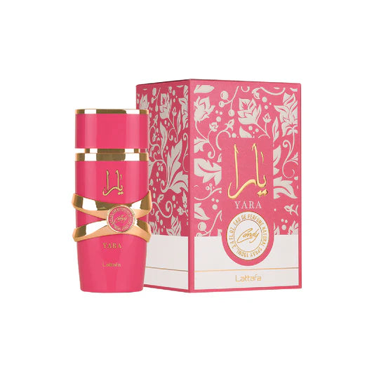Yara Candy by Lattafa Eau de Perfume spray for women, 3.4 oz bottle, elegant design with floral and fruity accents.