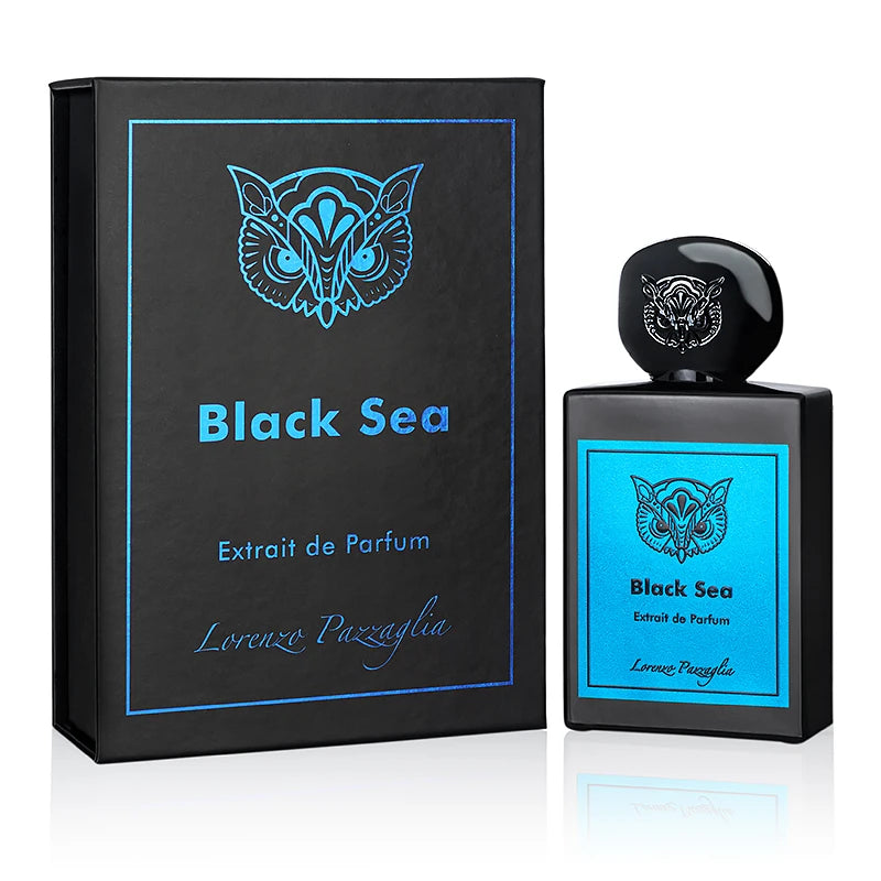 Black Sea perfume by Lorenzo Pazzaglia in a 1.7oz bottle, elegant glass container with dark blue liquid and a sleek design.