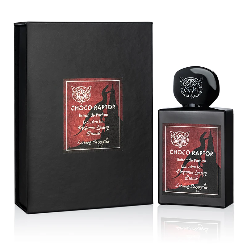 Lorenzo Pazzaglia Choco Raptor perfume bottle, 1.7oz, with chocolate-themed packaging and elegant design by Pertinacia LLC
