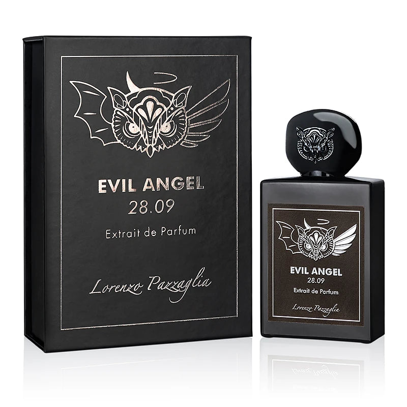 Pertinacia LLC Evil Angel Lorenzo Pazzaglia decant sample bottle, 1.7 oz perfume with dark, elegant packaging and label details.