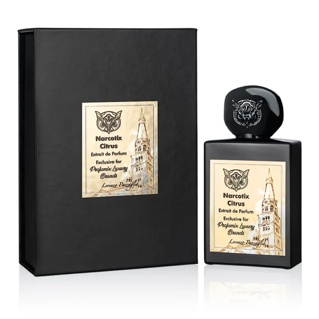 Lorenzo Pazzaglia Narcotix Citrus perfume bottle, 1.7oz by Pertinacia Perfume with vibrant citrus scent and elegant packaging