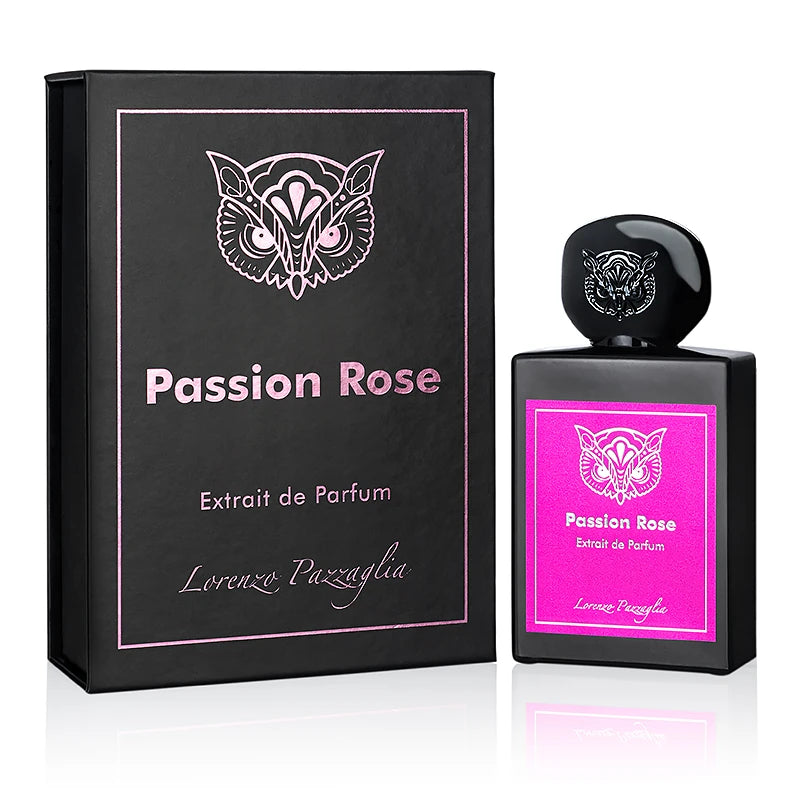 Lorenzo Pazzaglia Passion Rose perfume bottle, 1.7oz, with elegant packaging and rose-themed design by Pertinacia LLC.