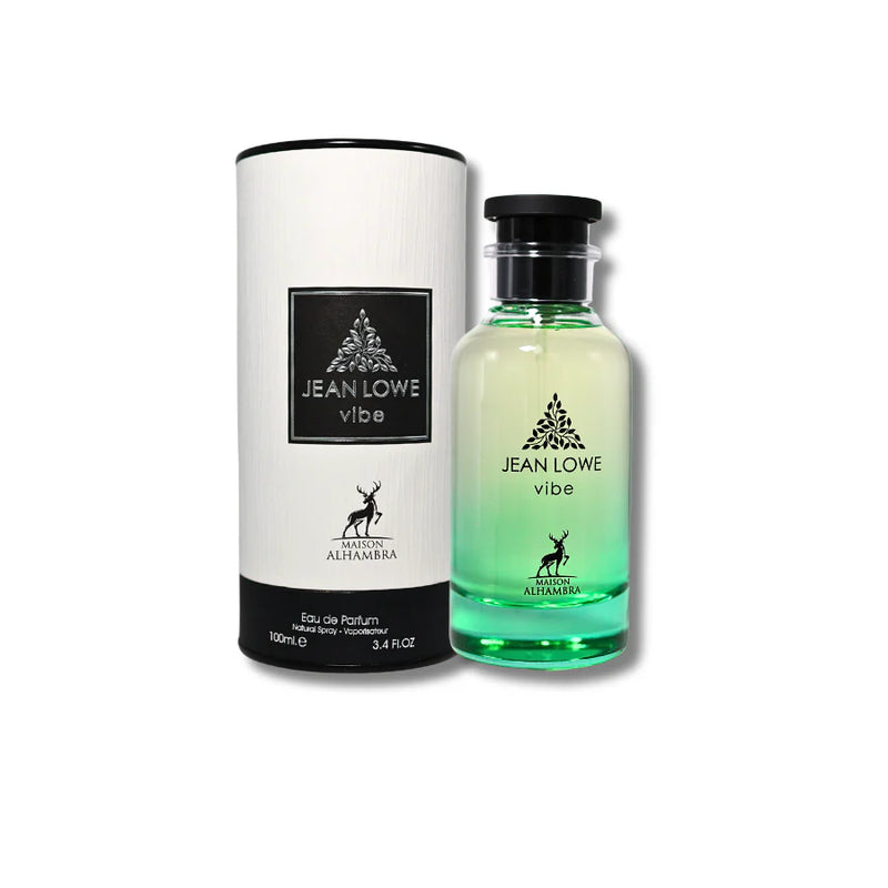 Maison Alhambra perfume by Pertinacia LLC, Jean Lowe Vibe scent in a 3.4oz bottle, elegant packaging and label visible.