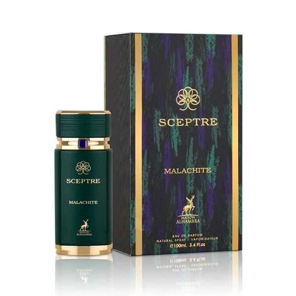 Maison Alhambra Spectre Malachite perfume bottle by Pertinacia Perfume, 3.4oz EDP, showcasing elegant packaging and green Malachite design.