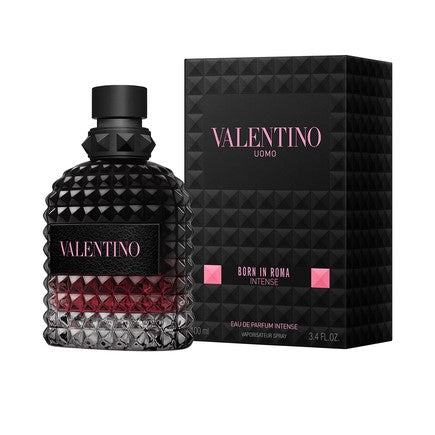 Valentino Uomo Born in Roma Intense men's fragrance bottle by Pertinacia Perfume, 3.4oz, showcasing sleek packaging and branding.