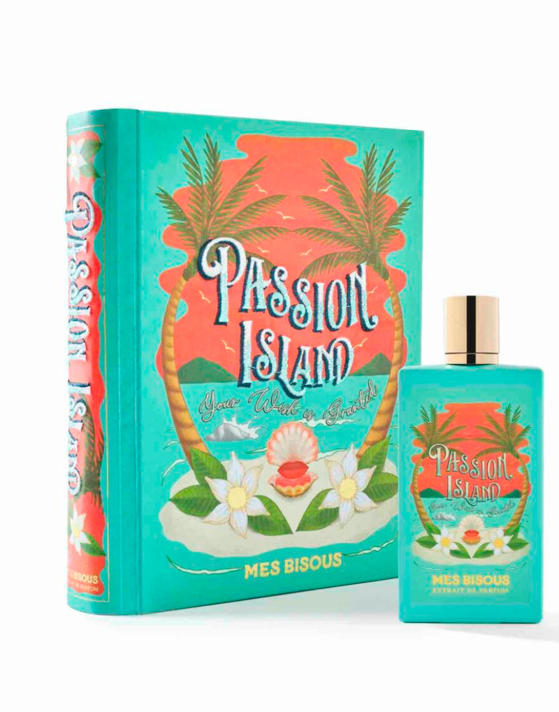 Passion Island Mes Bisous perfume extract by Pertinacia LLC in 3.4oz bottle, featuring elegant packaging and a tropical fragrance.