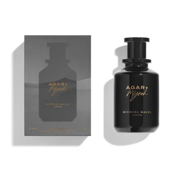 Michael Malul Agar + Myrrh 3.4oz EDP perfume bottle by Pertinacia Perfume, featuring a sleek glass design and gold accents.