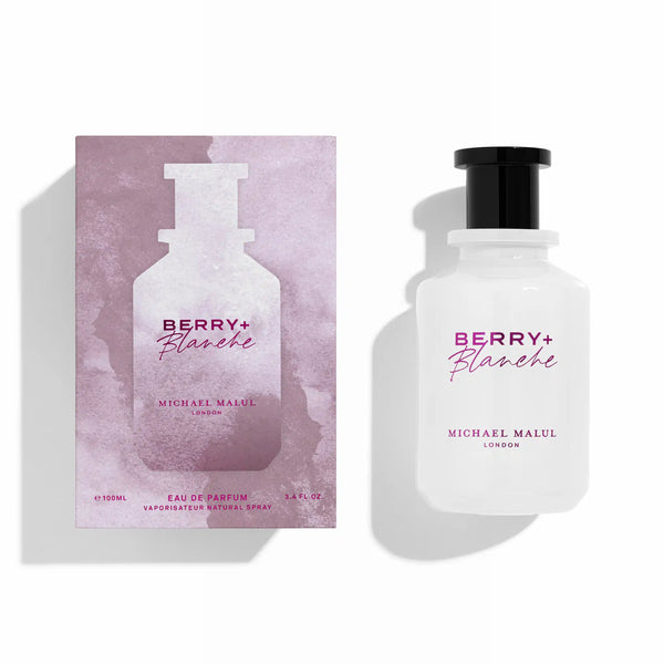 Michael Malul Berry + Blance 3.4oz EDP perfume by Pertinacia, featuring a sleek bottle with berry and floral notes.