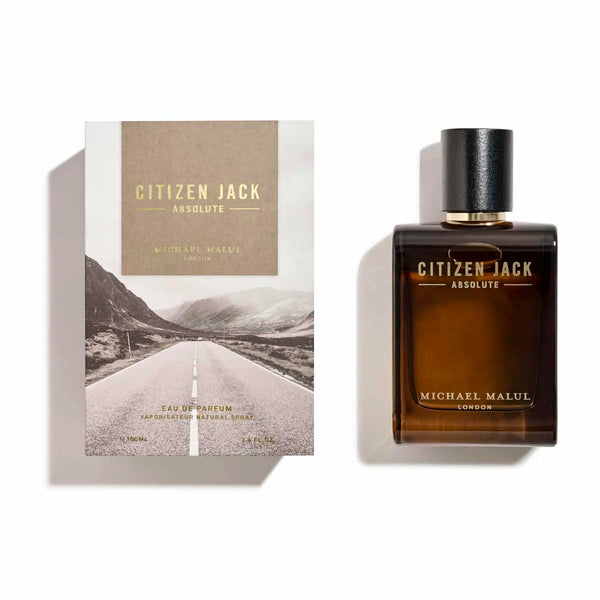 Michael Malul Citizen Jack Absolute 3.4oz parfum bottle from Pertinacia Perfume, showcasing the elegant packaging and design.