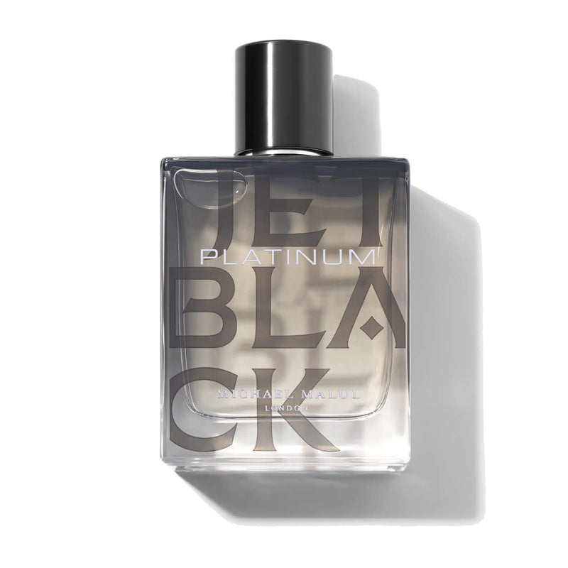 Michael Malul Jet Black Platinum 3.4oz EDP bottle, sleek black design, representing the luxury fragrance by Pertinacia Perfume.