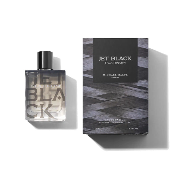 Michael Malul Jet Black Platinum perfume bottle, 3.4oz EDP by Pertinacia Perfume, sleek black and silver fragrance packaging