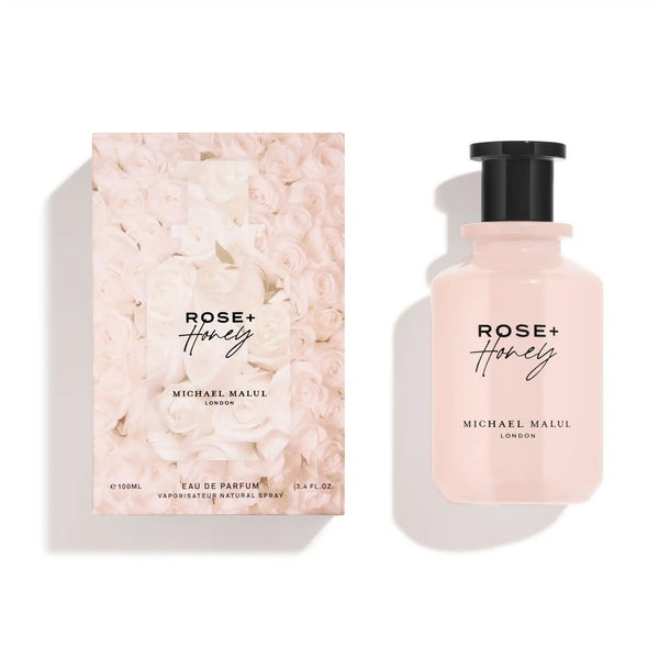 Michael Malul Rose + Honey 3.4oz perfume bottle by Pertinacia Perfume, featuring a floral and honey scent in a sleek glass bottle.