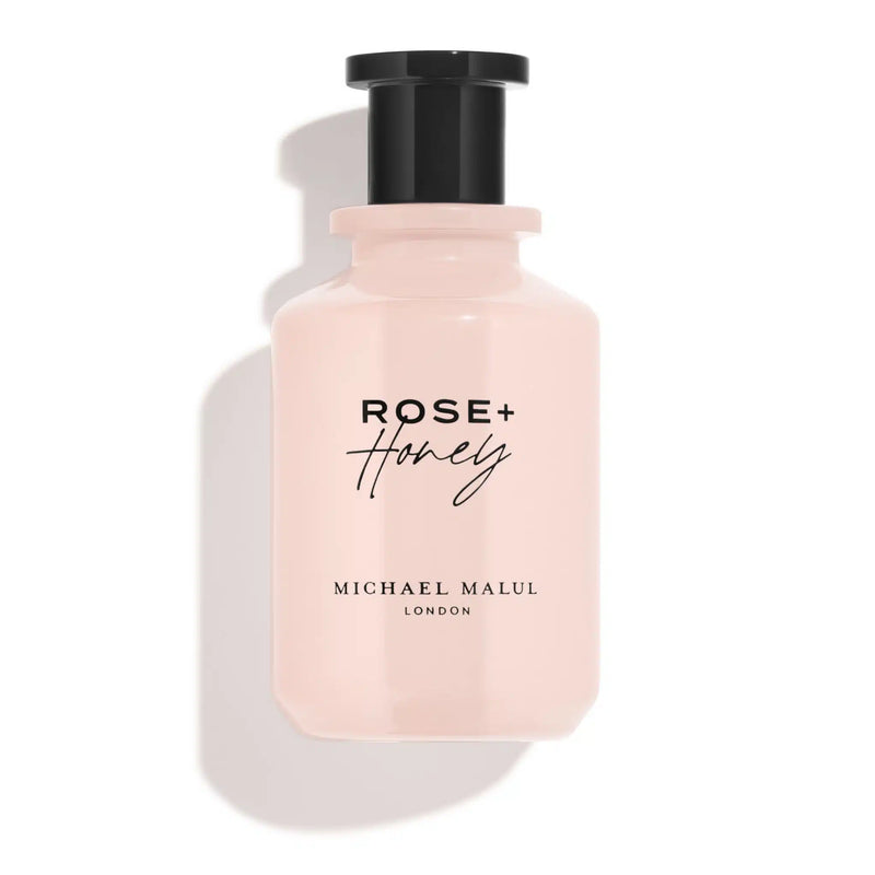 Michael Malul Rose + Honey 3.4oz perfume bottle by Pertinacia Perfume, showcasing the elegant packaging and product details.
