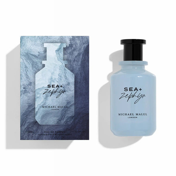 Michael Malul Sea + Zephyr 3.4oz perfume bottle by Pertinacia Perfume, featuring a sleek design and fragrance cap.