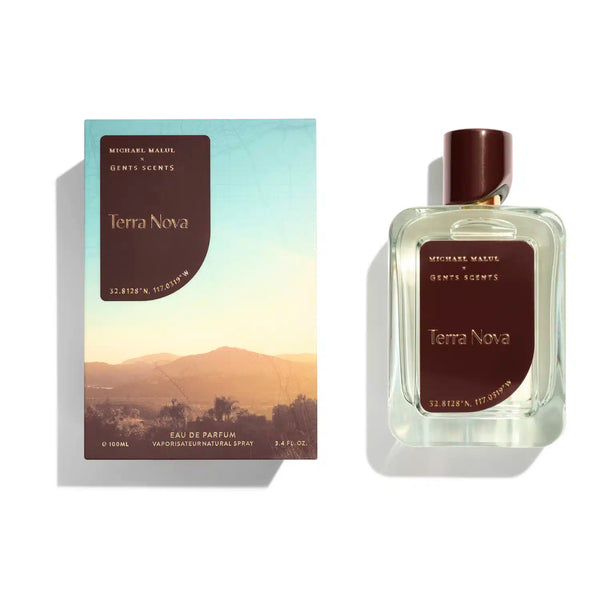 Michael Malul x Gents Scents Terra Nova 3.4oz EDP perfume bottle by Pertinacia Perfume, featuring sleek packaging and elegant design.
