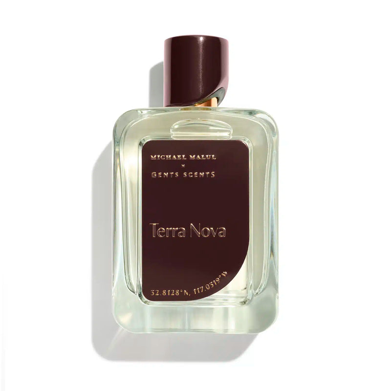 Michael Malul x Gents Scents Terra Nova 3.4oz EDP perfume bottle by Pertinacia Perfume, featuring sleek packaging and branding.