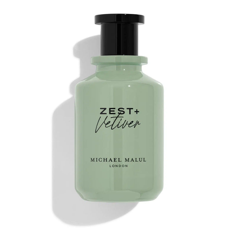 Michael Malul Zest + Vetiver perfume bottle, 3.4oz EDP by Pertinacia Perfume, with sleek glass design and vibrant fragrance label.