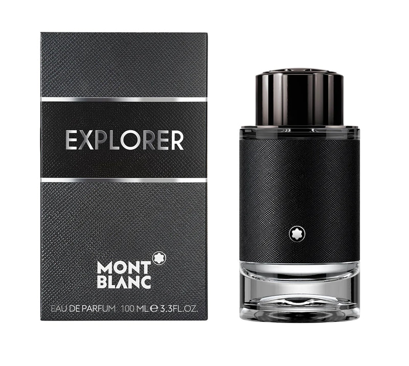 Mont Blanc Explorer for Men Eau de Parfum 3.3oz bottle, sleek design, showcasing the fragrance's sophisticated packaging.