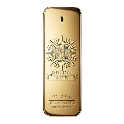 Paco Rabanne 1 Million perfume spray for men, 3.4 oz bottle, sleek gold-toned design, elegant packaging.