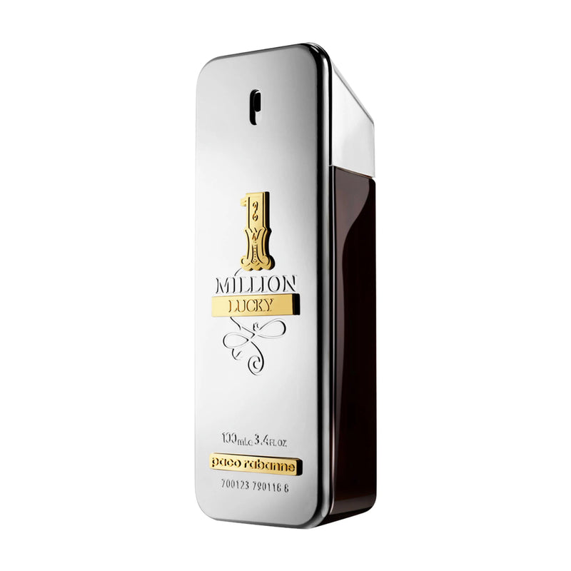Paco Rabanne 1 Million Lucky 3.4oz EDT bottle with gold accents, sleek design, and branding visible.