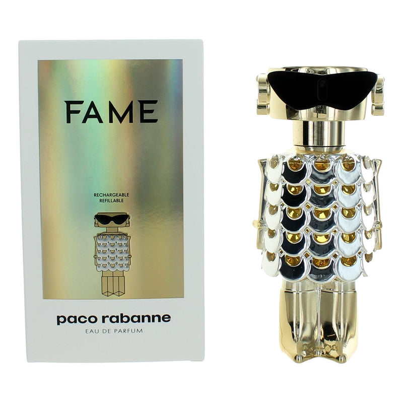 Fame by Paco Rabanne women's 2.7 oz EDP spray bottle with sleek design and gold accents.