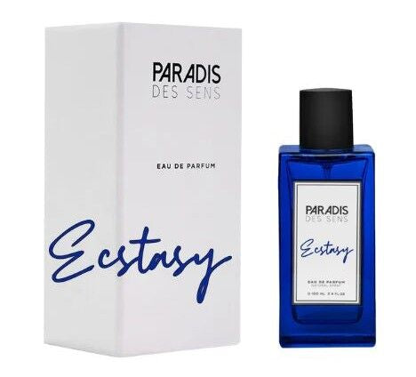 Perfume bottle of Ecstasy Paradis des Sens EDP by Pertinacia LLC, 3.4oz, with elegant design and floral accents.
