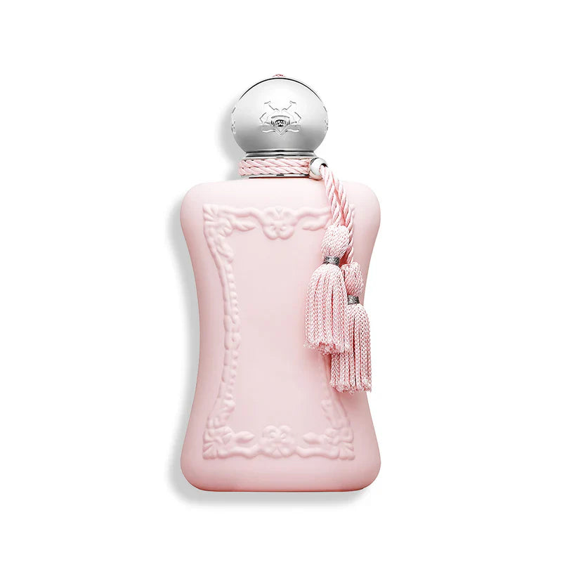 Delina by Parfums de Marly perfume bottle, 2.5 oz EDP, elegant glass container with floral design, part of Pertinacia Perfume collection