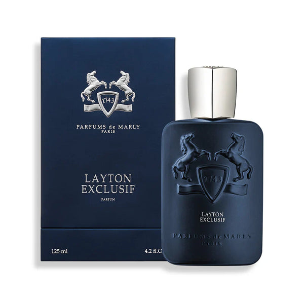 Pertinacia Parfums de Marly Layton Exclusif 4.2 oz EDP bottle with elegant packaging and branding details.