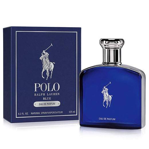 Ralph Lauren Polo Blue EDP perfume bottle, 4.2oz, with sleek blue design and silver cap, on a neutral background.