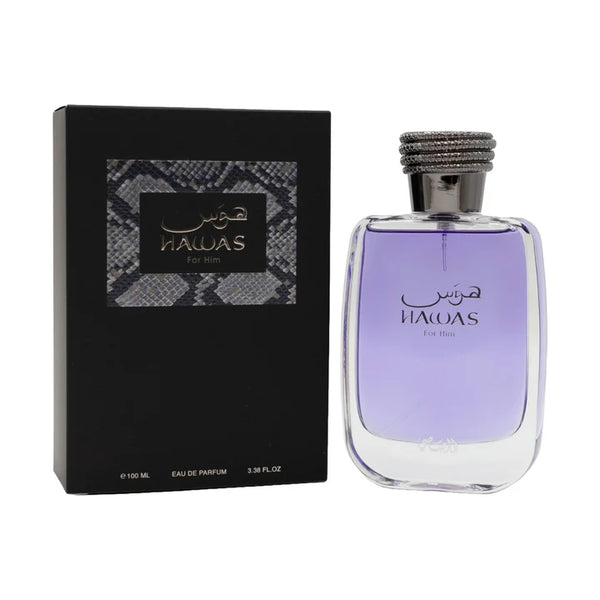 Hawas by Rasasi men's Eau De Parfum spray in 3.3 oz bottle, featuring elegant packaging and branding.