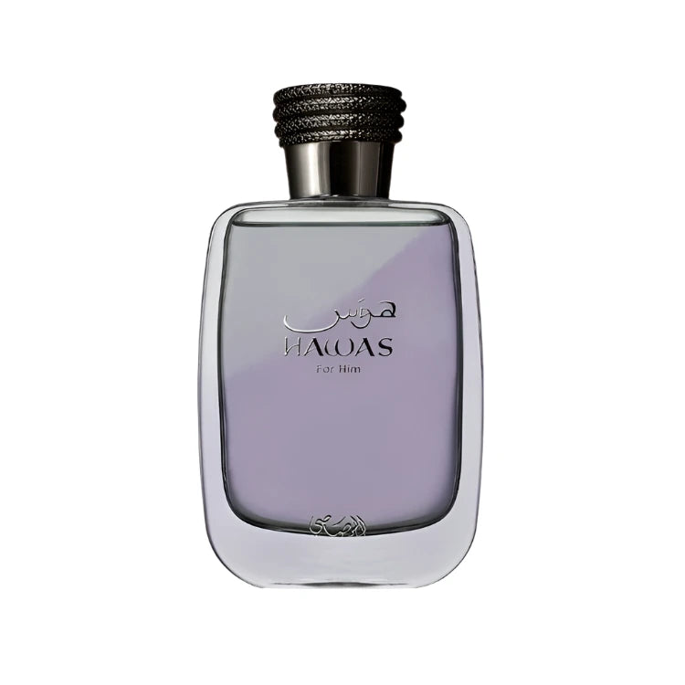 Hawas by Rasasi Eau De Parfum spray for men, 3.3 oz bottle, sleek design with a modern cap, in a clear glass bottle with fragrance label