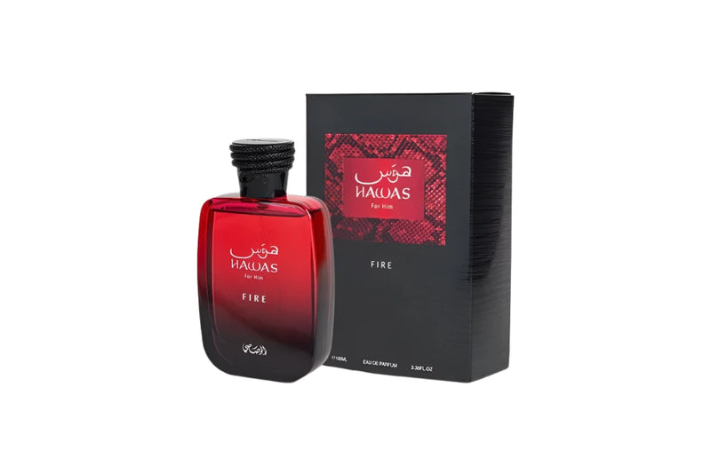 Hawas Fire by Rasasi perfume bottle, 3.3 oz EDP, featuring a sleek design and bold fragrance packaging.