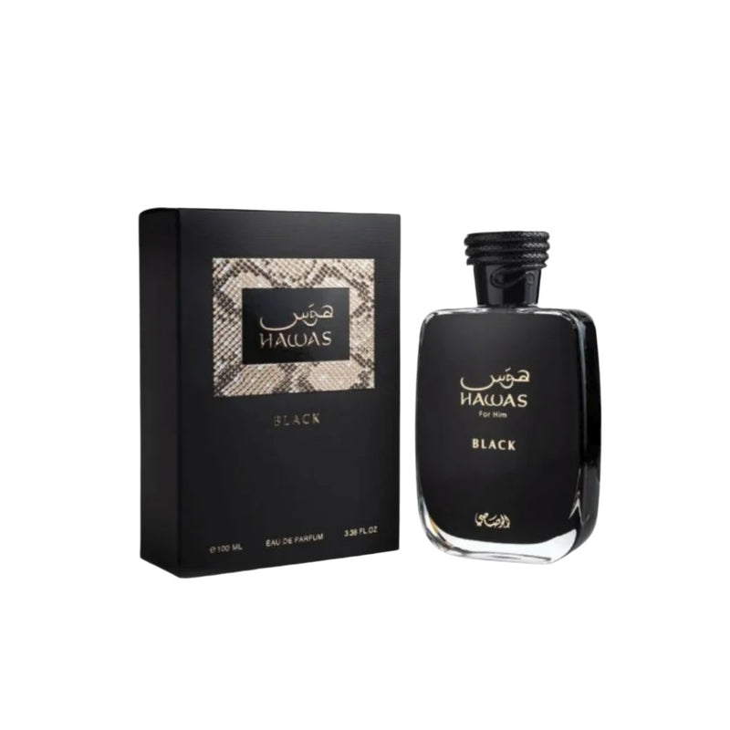 Rasasi Hawas Black Eau De Parfum 3.4 oz bottle with black and gold design, elegant fragrance display