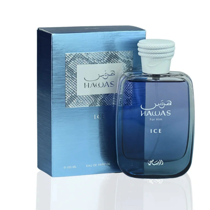 Rasasi Hawas Ice Eau De Parfum 3.4 oz bottle featuring a sleek design and clear fragrance label, displayed on a neutral background.
