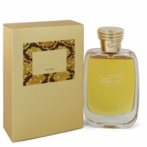 Rasasi Hawas Pour Femme Eau De Parfum 3.3 oz bottle with elegant floral design, showcasing the Rasasi perfume brand.