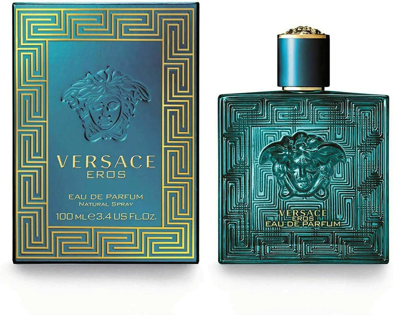 Eros by Versace men's 3.4 oz Eau De Parfum spray bottle with sleek design and Versace branding visible.