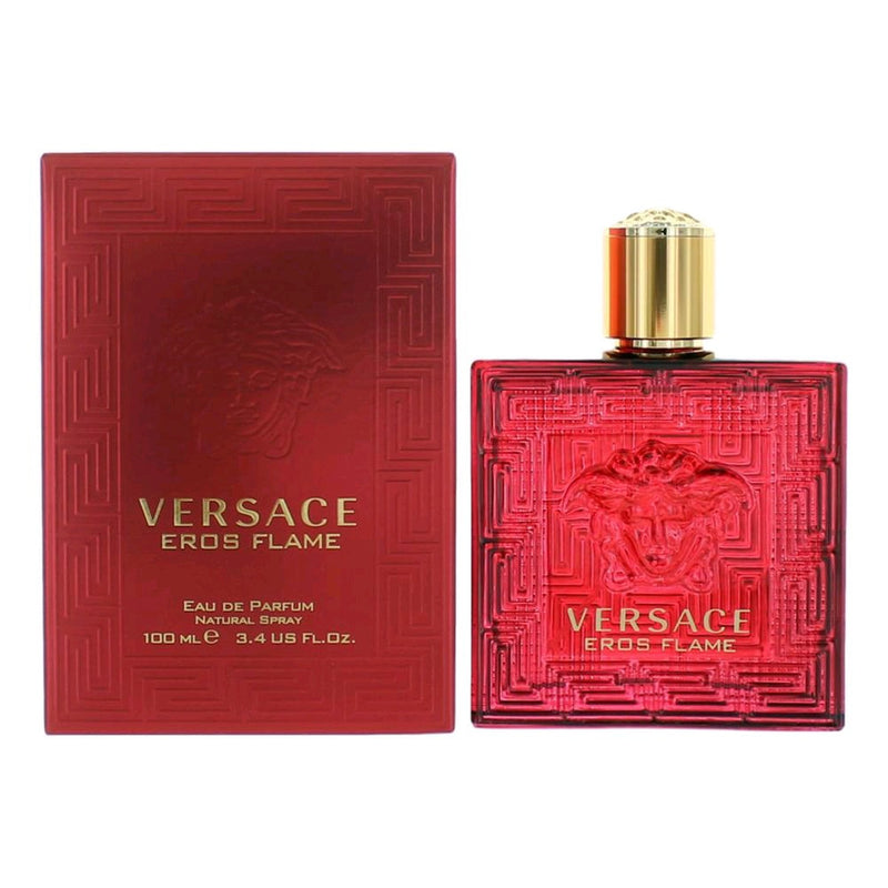 Eros Flame by Versace 3.4 oz Eau de Parfum spray for men, featuring bold bottle design and Versace branding.