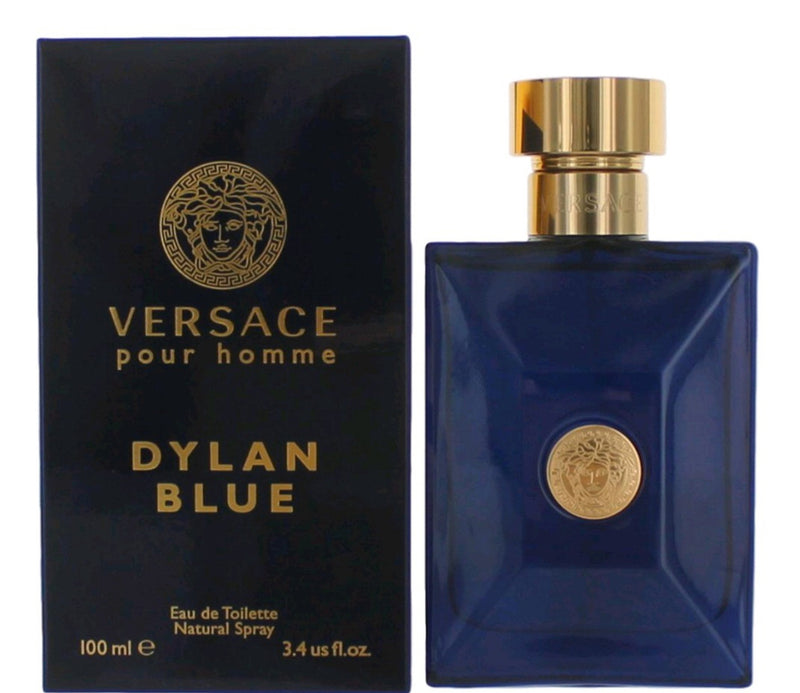 Versace Dylan Blue Eau de Toilette 3.4oz bottle with blue design, featuring the iconic Versace branding and elegant packaging.