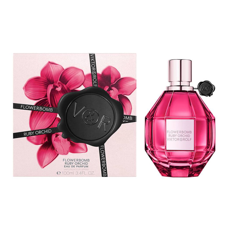 Viktor & Rolf Flowerbomb Ruby Orchid 3.3oz EDP perfume bottle with elegant floral design, showcasing the luxurious fragrance.