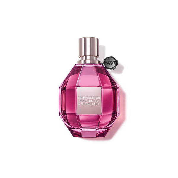 Viktor & Rolf Flowerbomb Ruby Orchid 3.3oz EDP perfume bottle with floral design, showcasing the elegant fragrance packaging.