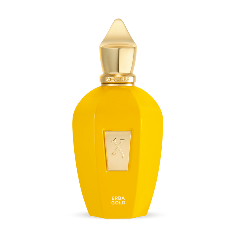 Erba Gold by Xerjoff perfume bottle, 3.4 oz EDP unisex scent, elegant glass container with gold accents.