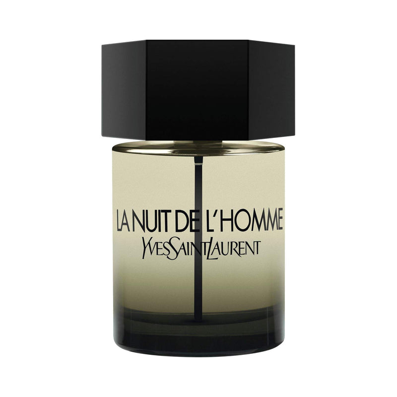 Yves Saint Laurent La Nuit de l'Homme perfume bottle, 3.3oz, sleek black glass with silver cap, elegant fragrance packaging