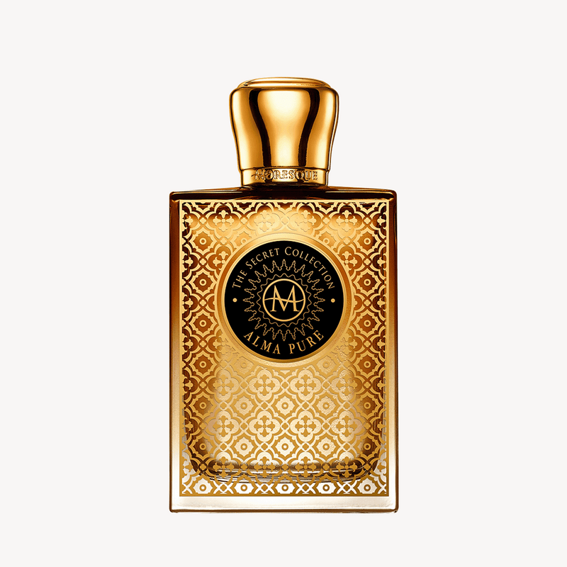 Alma Pure Moresque perfume bottle from Online Warehouse, 2.5 oz, sleek glass container with elegant design and fragrance label.