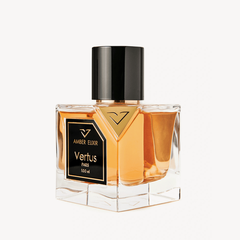 Amber Elixir Vertus perfume bottle from Online Warehouse, 3.4 oz, featuring a sleek amber-colored glass design and elegant cap.