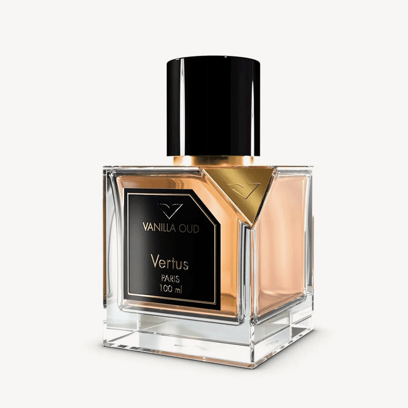 Vanilla Oud Vertus perfume bottle with a clear glass container and elegant label, showcasing the 3.4 oz fragrance.