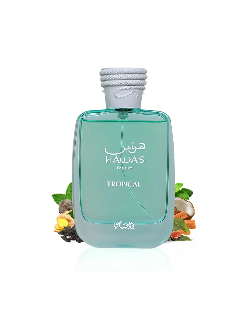 Rasasi Hawas Tropical perfume bottle surrounded by coconut and fig on white background, 3.4oz EDP by Pertinacia Perfume.