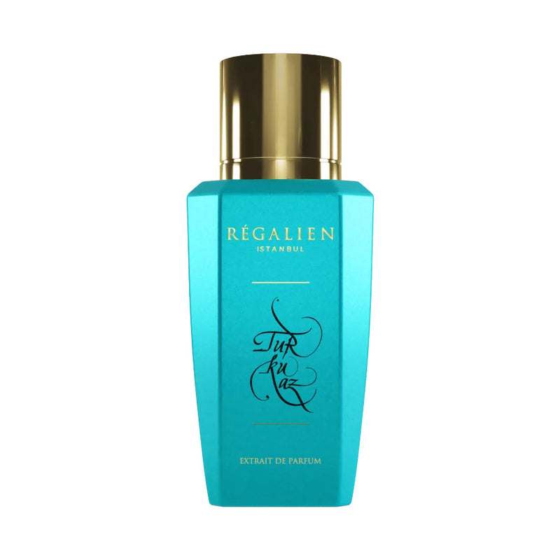 Turkuaz Regalien perfume bottle from Online Warehouse, 1.7 oz, with a sleek design and turquoise-colored label.