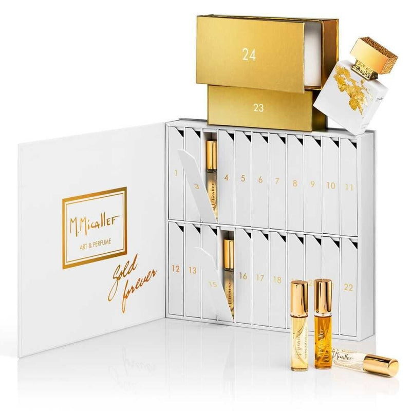 MICALLEF Advent Calendar 2023 EDP set with 10 ml and 1 oz bottles, featuring luxurious fragrance packaging and festive design
